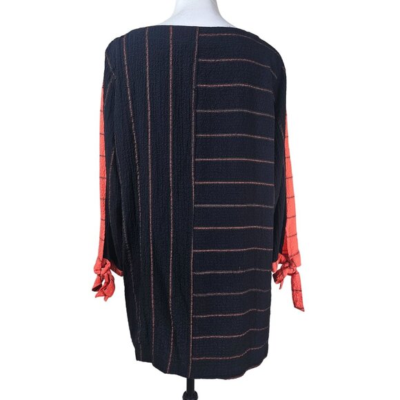 Ali Miles Orange & Black Striped Tunic L Crepe Stretch Colorblock Boho Lagenlook - Picture 2 of 9